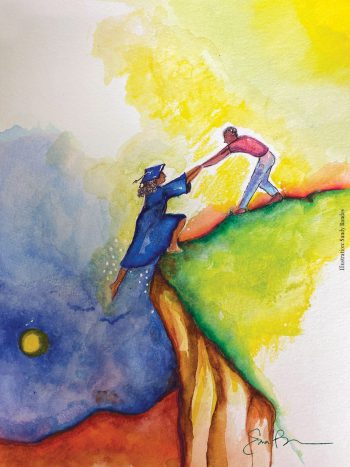 Illustration by Sandy Bandes of a man pulling a woman, wearing cap and gown, up a hill